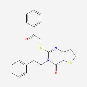 molecular formula C22H20N2O2S2 B2867372 2-((2-氧代-2-苯乙基)硫代)-3-苯乙基-6,7-二氢噻吩并[3,2-d]嘧啶-4(3H)-酮 CAS No. 877653-15-1