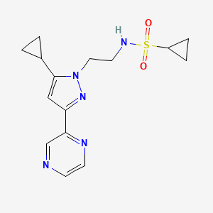 molecular formula C15H19N5O2S B2867395 N-(2-(5-环丙基-3-(吡嗪-2-基)-1H-吡唑-1-基)乙基)环丙烷磺酰胺 CAS No. 2034602-04-3