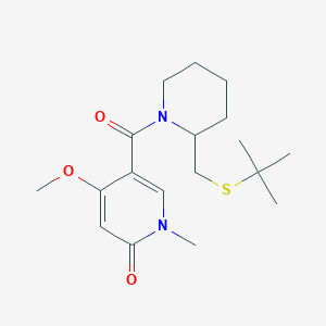 molecular formula C18H28N2O3S B2867401 5-(2-((tert-butylthio)methyl)piperidine-1-carbonyl)-4-methoxy-1-methylpyridin-2(1H)-one CAS No. 2034569-31-6