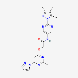 molecular formula C20H21N9O2 B2867426 2-((2-methyl-6-(1H-pyrazol-1-yl)pyrimidin-4-yl)oxy)-N-(2-(3,4,5-trimethyl-1H-pyrazol-1-yl)pyrimidin-5-yl)acetamide CAS No. 1421504-85-9