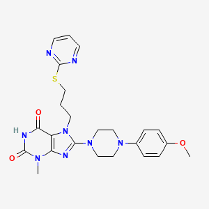 molecular formula C24H28N8O3S B2867460 8-[4-(4-Methoxyphenyl)piperazin-1-yl]-3-methyl-7-(3-pyrimidin-2-ylsulfanylpropyl)purine-2,6-dione CAS No. 674307-06-3