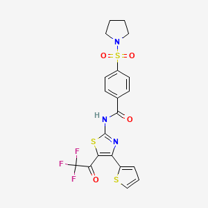 molecular formula C20H16F3N3O4S3 B2867465 4-(吡咯烷-1-磺酰基)-N-(4-(噻吩-2-基)-5-(2,2,2-三氟乙酰)噻唑-2-基)苯甲酰胺 CAS No. 328038-44-4