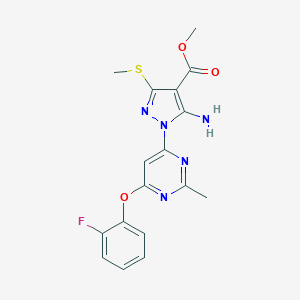 molecular formula C17H16FN5O3S B286748 methyl 5-amino-1-[6-(2-fluorophenoxy)-2-methyl-4-pyrimidinyl]-3-(methylsulfanyl)-1H-pyrazole-4-carboxylate 