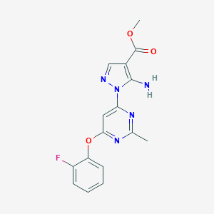 molecular formula C16H14FN5O3 B286751 methyl 5-amino-1-[6-(2-fluorophenoxy)-2-methyl-4-pyrimidinyl]-1H-pyrazole-4-carboxylate 