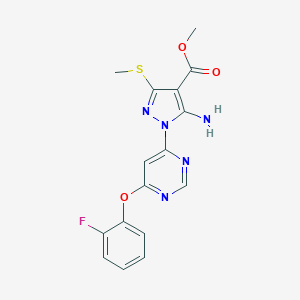 molecular formula C16H14FN5O3S B286753 methyl 5-amino-1-[6-(2-fluorophenoxy)-4-pyrimidinyl]-3-(methylsulfanyl)-1H-pyrazole-4-carboxylate 