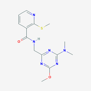 molecular formula C14H18N6O2S B2867538 N-((4-(二甲氨基)-6-甲氧基-1,3,5-三嗪-2-基)甲基)-2-(甲硫基)烟酰胺 CAS No. 2034467-26-8