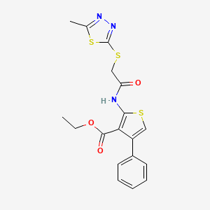 molecular formula C18H17N3O3S3 B2867547 Ethyl 2-({[(5-methyl-1,3,4-thiadiazol-2-yl)thio]acetyl}amino)-4-phenyl-3-thiophenecarboxylate CAS No. 670273-05-9