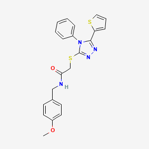 molecular formula C22H20N4O2S2 B2867587 N-[(4-methoxyphenyl)methyl]-2-[(4-phenyl-5-thiophen-2-yl-1,2,4-triazol-3-yl)sulfanyl]acetamide CAS No. 502553-59-5