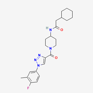 molecular formula C23H30FN5O2 B2867618 2-cyclohexyl-N-(1-(1-(4-fluoro-3-methylphenyl)-1H-1,2,3-triazole-4-carbonyl)piperidin-4-yl)acetamide CAS No. 1251696-60-2