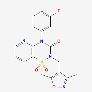 molecular formula C18H15FN4O4S B2867627 2-((3,5-dimethylisoxazol-4-yl)methyl)-4-(3-fluorophenyl)-2H-pyrido[2,3-e][1,2,4]thiadiazin-3(4H)-one 1,1-dioxide CAS No. 1251632-02-6