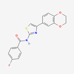 molecular formula C18H13FN2O3S B2867828 N-[4-(2,3-二氢-1,4-苯并二氧杂环-6-基)-1,3-噻唑-2-基]-4-氟苯甲酰胺 CAS No. 879359-12-3