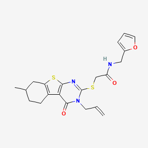 molecular formula C21H23N3O3S2 B2867860 N-[(furan-2-yl)methyl]-2-{[11-methyl-3-oxo-4-(prop-2-en-1-yl)-8-thia-4,6-diazatricyclo[7.4.0.0^{2,7}]trideca-1(9),2(7),5-trien-5-yl]sulfanyl}acetamide CAS No. 496025-26-4