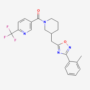 molecular formula C22H21F3N4O2 B2867888 (3-((3-(o-Tolyl)-1,2,4-oxadiazol-5-yl)methyl)piperidin-1-yl)(6-(trifluoromethyl)pyridin-3-yl)methanone CAS No. 1705103-89-4