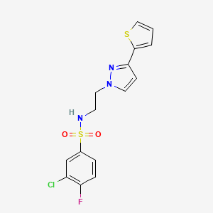 molecular formula C15H13ClFN3O2S2 B2867906 3-chloro-4-fluoro-N-(2-(3-(thiophen-2-yl)-1H-pyrazol-1-yl)ethyl)benzenesulfonamide CAS No. 1797679-34-5