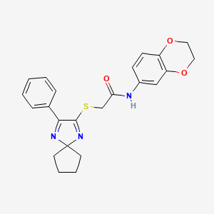 molecular formula C23H23N3O3S B2867910 N-(2,3-dihydro-1,4-benzodioxin-6-yl)-2-[(3-phenyl-1,4-diazaspiro[4.4]nona-1,3-dien-2-yl)sulfanyl]acetamide CAS No. 899911-53-6
