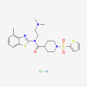 molecular formula C22H29ClN4O3S3 B2867922 N-(2-(dimethylamino)ethyl)-N-(4-methylbenzo[d]thiazol-2-yl)-1-(thiophen-2-ylsulfonyl)piperidine-4-carboxamide hydrochloride CAS No. 1177646-57-9