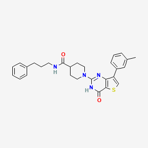 molecular formula C28H30N4O2S B2867974 1-[7-(3-甲基苯基)-4-氧代-3,4-二氢噻吩并[3,2-d]嘧啶-2-基]-N-(3-苯基丙基)哌啶-4-甲酰胺 CAS No. 1242855-46-4