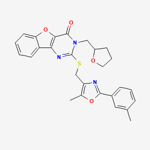 molecular formula C27H25N3O4S B2868076 2-(((5-methyl-2-(m-tolyl)oxazol-4-yl)methyl)thio)-3-((tetrahydrofuran-2-yl)methyl)benzofuro[3,2-d]pyrimidin-4(3H)-one CAS No. 1029791-06-7