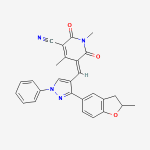 molecular formula C27H22N4O3 B2868138 (5E)-1,4-dimethyl-5-{[3-(2-methyl-2,3-dihydro-1-benzofuran-5-yl)-1-phenyl-1H-pyrazol-4-yl]methylidene}-2,6-dioxo-1,2,5,6-tetrahydropyridine-3-carbonitrile CAS No. 1007544-21-9