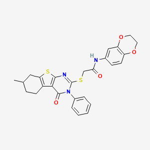 N-(2,3-dihydro-1,4-benzodioxin-6-yl)-2-[(7-methyl-4-oxo-3-phenyl-5,6,7,8-tetrahydro-[1]benzothiolo[2,3-d]pyrimidin-2-yl)sulfanyl]acetamide
