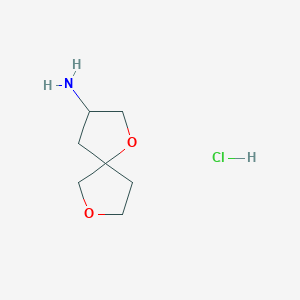 molecular formula C7H14ClNO2 B2868192 1,7-二氧杂螺[4.4]壬烷-3-胺；盐酸盐 CAS No. 2416236-11-6