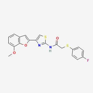 molecular formula C20H15FN2O3S2 B2868224 2-((4-氟苯基)硫代)-N-(4-(7-甲氧基苯并呋喃-2-基)噻唑-2-基)乙酰胺 CAS No. 921870-20-4