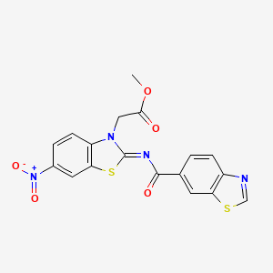 molecular formula C18H12N4O5S2 B2868246 (Z)-methyl 2-(2-((benzo[d]thiazole-6-carbonyl)imino)-6-nitrobenzo[d]thiazol-3(2H)-yl)acetate CAS No. 1007262-16-9