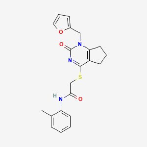 molecular formula C21H21N3O3S B2868262 2-[[1-(furan-2-ylmethyl)-2-oxo-6,7-dihydro-5H-cyclopenta[d]pyrimidin-4-yl]sulfanyl]-N-(2-methylphenyl)acetamide CAS No. 946219-45-0
