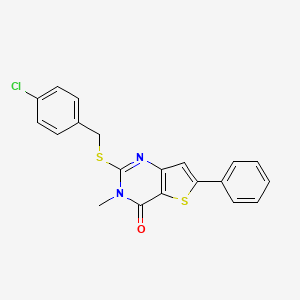 molecular formula C20H15ClN2OS2 B2868265 2-((4-chlorobenzyl)thio)-3-methyl-6-phenylthieno[3,2-d]pyrimidin-4(3H)-one CAS No. 1115958-80-9