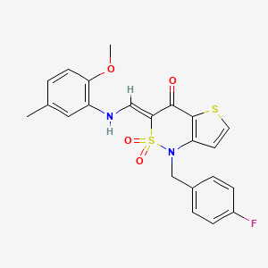 molecular formula C22H19FN2O4S2 B2868266 (3Z)-1-(4-fluorobenzyl)-3-{[(2-methoxy-5-methylphenyl)amino]methylene}-1H-thieno[3,2-c][1,2]thiazin-4(3H)-one 2,2-dioxide CAS No. 894684-34-5