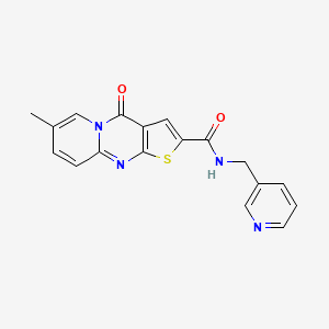 molecular formula C18H14N4O2S B2868287 7-甲基-4-氧代-N-(吡啶-3-基甲基)-4H-吡啶并[1,2-a]噻吩并[2,3-d]嘧啶-2-甲酰胺 CAS No. 1021260-56-9