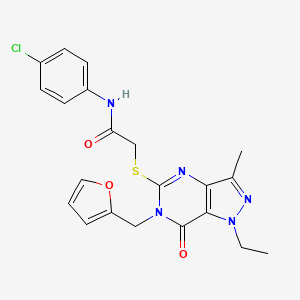 molecular formula C21H20ClN5O3S B2868289 N-(4-chlorophenyl)-2-((1-ethyl-6-(furan-2-ylmethyl)-3-methyl-7-oxo-6,7-dihydro-1H-pyrazolo[4,3-d]pyrimidin-5-yl)thio)acetamide CAS No. 1359132-00-5