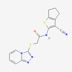 molecular formula C16H13N5OS2 B2868293 2-([1,2,4]三唑并[4,3-a]吡啶-3-基硫代)-N-(3-氰基-5,6-二氢-4H-环戊并[b]噻吩-2-基)乙酰胺 CAS No. 442865-58-9