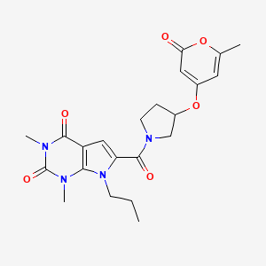 molecular formula C22H26N4O6 B2868394 1,3-dimethyl-6-(3-((6-methyl-2-oxo-2H-pyran-4-yl)oxy)pyrrolidine-1-carbonyl)-7-propyl-1H-pyrrolo[2,3-d]pyrimidine-2,4(3H,7H)-dione CAS No. 1787880-44-7