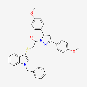 molecular formula C34H31N3O3S B2868486 2-((1-benzyl-1H-indol-3-yl)thio)-1-(3,5-bis(4-methoxyphenyl)-4,5-dihydro-1H-pyrazol-1-yl)ethanone CAS No. 681273-86-9