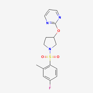 molecular formula C15H16FN3O3S B2868495 2-((1-((4-Fluoro-2-methylphenyl)sulfonyl)pyrrolidin-3-yl)oxy)pyrimidine CAS No. 2034302-49-1