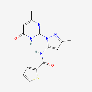 molecular formula C14H13N5O2S B2868503 N-(3-methyl-1-(4-methyl-6-oxo-1,6-dihydropyrimidin-2-yl)-1H-pyrazol-5-yl)thiophene-2-carboxamide CAS No. 1004154-63-5