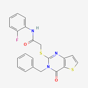 molecular formula C21H16FN3O2S2 B2868512 2-({3-benzyl-4-oxo-3H,4H-thieno[3,2-d]pyrimidin-2-yl}sulfanyl)-N-(2-fluorophenyl)acetamide CAS No. 1252908-76-1