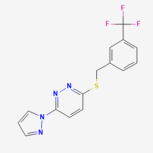 molecular formula C15H11F3N4S B2868522 3-(1H-吡唑-1-基)-6-((3-(三氟甲基)苄基)硫代)吡啶二嗪 CAS No. 1351602-84-0