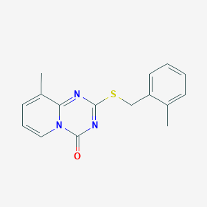 molecular formula C16H15N3OS B2868531 9-甲基-2-[(2-甲基苯基)甲硫基]吡啶并[1,2-a][1,3,5]三嗪-4-酮 CAS No. 896344-38-0
