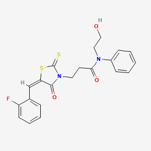 molecular formula C21H19FN2O3S2 B2868580 3-[(5E)-5-[(2-fluorophenyl)methylidene]-4-oxo-2-sulfanylidene-1,3-thiazolidin-3-yl]-N-(2-hydroxyethyl)-N-phenylpropanamide CAS No. 477512-30-4