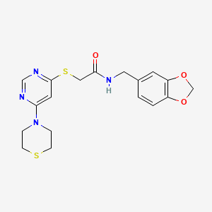molecular formula C18H20N4O3S2 B2868636 N-(benzo[d][1,3]dioxol-5-ylmethyl)-2-((6-thiomorpholinopyrimidin-4-yl)thio)acetamide CAS No. 1421493-15-3