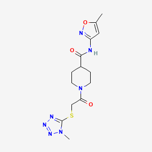 molecular formula C14H19N7O3S B2868696 1-(2-((1-methyl-1H-tetrazol-5-yl)thio)acetyl)-N-(5-methylisoxazol-3-yl)piperidine-4-carboxamide CAS No. 1251706-38-3