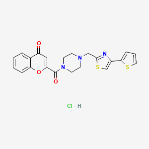 molecular formula C22H20ClN3O3S2 B2868704 2-(4-((4-(thiophen-2-yl)thiazol-2-yl)methyl)piperazine-1-carbonyl)-4H-chromen-4-one hydrochloride CAS No. 1216512-49-0