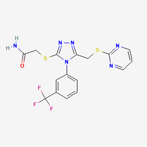 molecular formula C16H13F3N6OS2 B2868722 2-[[5-(Pyrimidin-2-ylsulfanylmethyl)-4-[3-(trifluoromethyl)phenyl]-1,2,4-triazol-3-yl]sulfanyl]acetamide CAS No. 868221-91-4