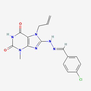 molecular formula C16H15ClN6O2 B2868725 (E)-7-allyl-8-(2-(4-chlorobenzylidene)hydrazinyl)-3-methyl-1H-purine-2,6(3H,7H)-dione CAS No. 672332-03-5