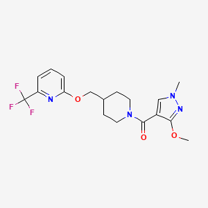 molecular formula C18H21F3N4O3 B2868733 2-{[1-(3-methoxy-1-methyl-1H-pyrazole-4-carbonyl)piperidin-4-yl]methoxy}-6-(trifluoromethyl)pyridine CAS No. 2202083-70-1