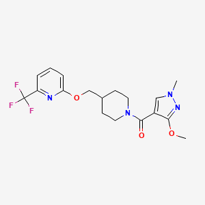 molecular formula C18H21F3N4O3 B2868733 2-{[1-(3-甲氧基-1-甲基-1H-吡唑-4-羰基)哌啶-4-基]甲氧基}-6-(三氟甲基)吡啶 CAS No. 2202083-70-1