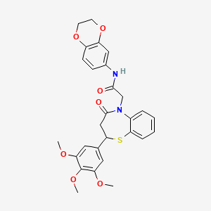 molecular formula C28H28N2O7S B2868743 N-(2,3-dihydrobenzo[b][1,4]dioxin-6-yl)-2-(4-oxo-2-(3,4,5-trimethoxyphenyl)-3,4-dihydrobenzo[b][1,4]thiazepin-5(2H)-yl)acetamide CAS No. 847410-57-5