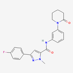 molecular formula C22H21FN4O2 B2868763 3-(4-fluorophenyl)-1-methyl-N-(3-(2-oxopiperidin-1-yl)phenyl)-1H-pyrazole-5-carboxamide CAS No. 1396844-60-2